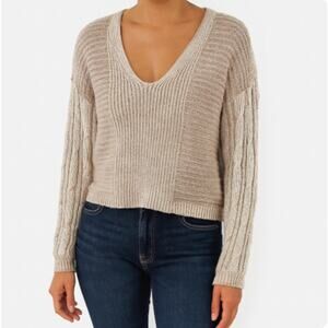 Free People SZ S When It Rains V Neck Toast Combo Sweater Blouson Sleeves